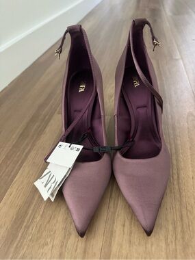 ZARA Satin Pointed Ankle-Strap Pumps in Plum